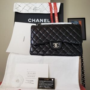 Chanel Classic Jumbo Black Lambskin Silver Hw Bag